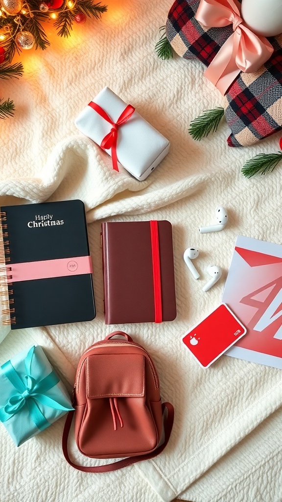 Thoughtful Christmas Gift Ideas for College Girls Flat lay of Christmas gifts for a college girl including a planner, earbuds, and cozy items.